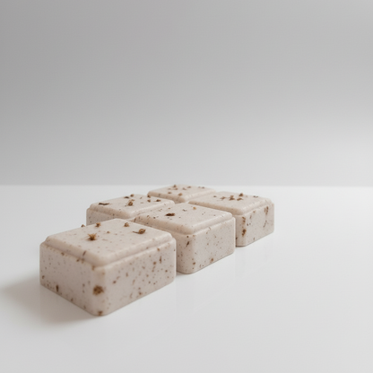 Four square shower steamers with brown specks on a light gray background