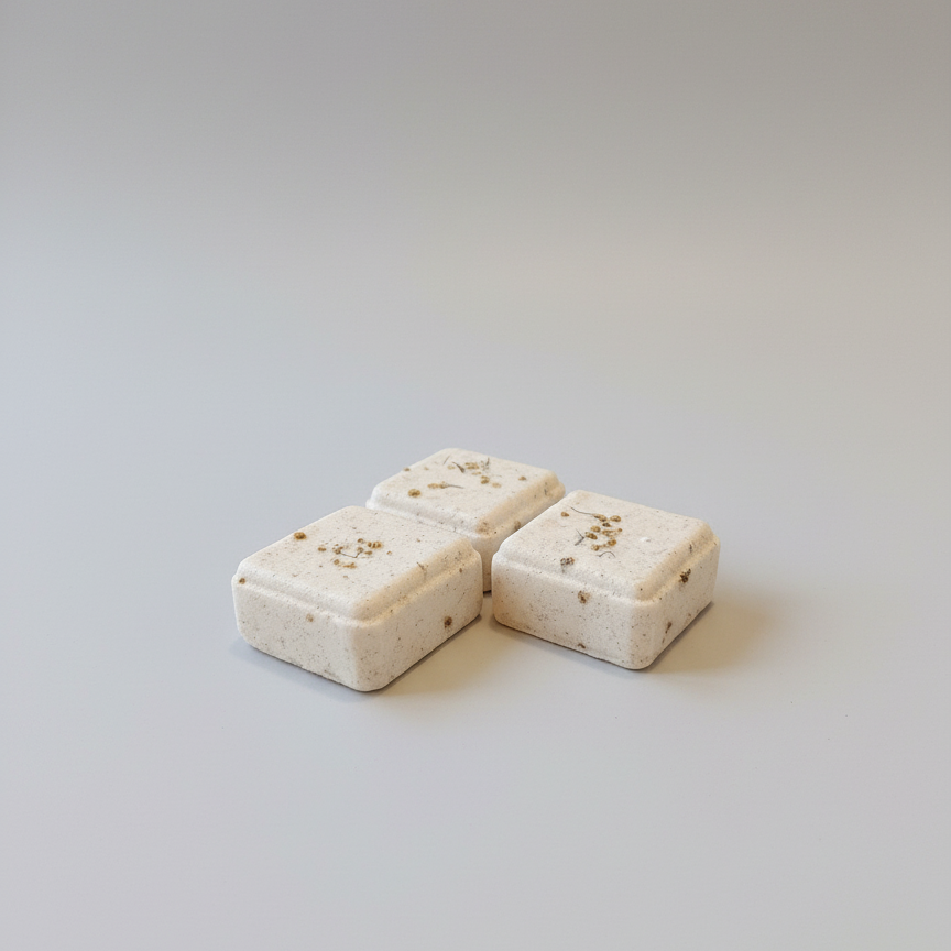 Three square bath bombs on a tiled bathroom floor with water droplets.